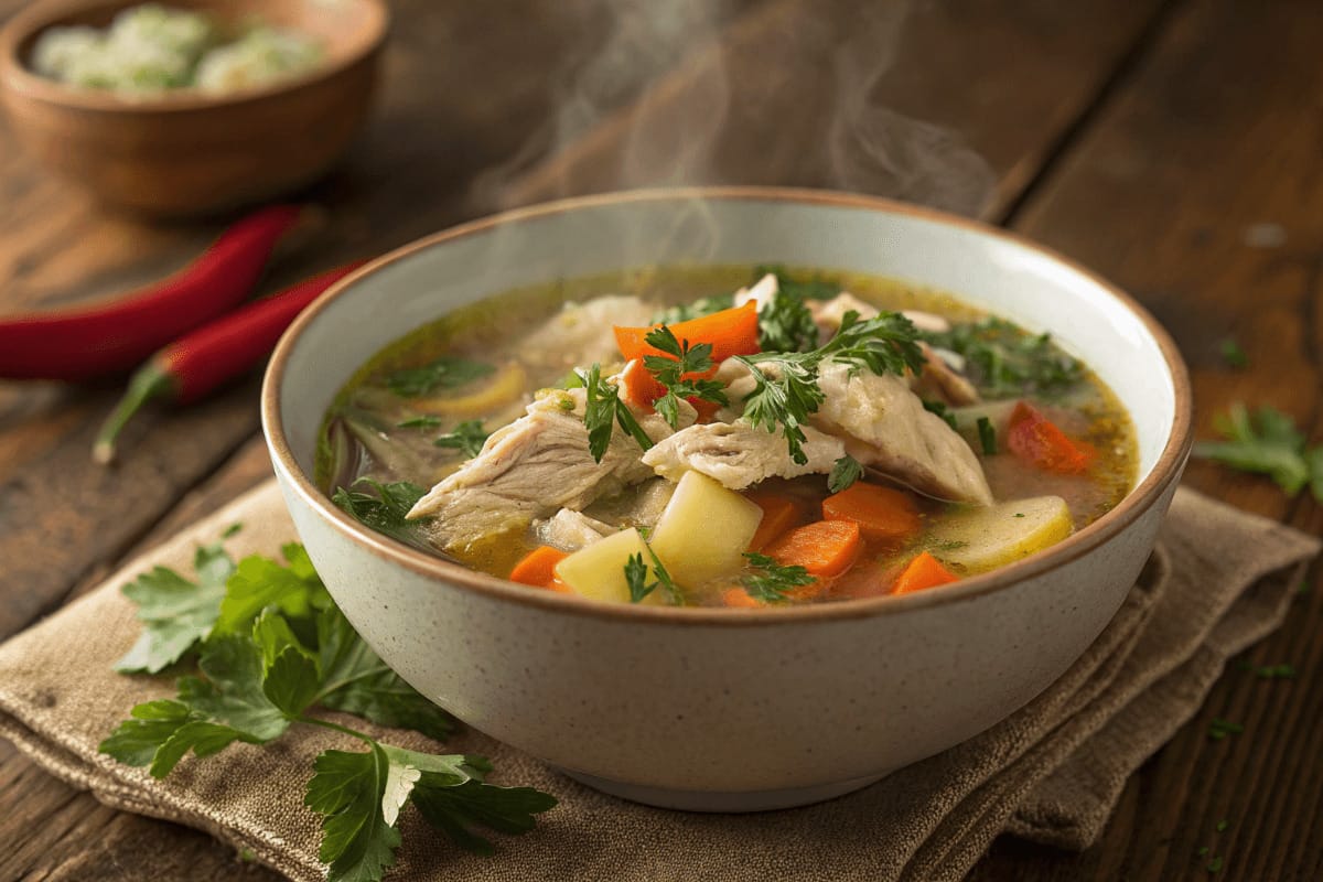 A steaming bowl of homemade chicken carcass soup filled with tender shredded chicken, fresh vegetables, and aromatic herbs in a rich golden broth.