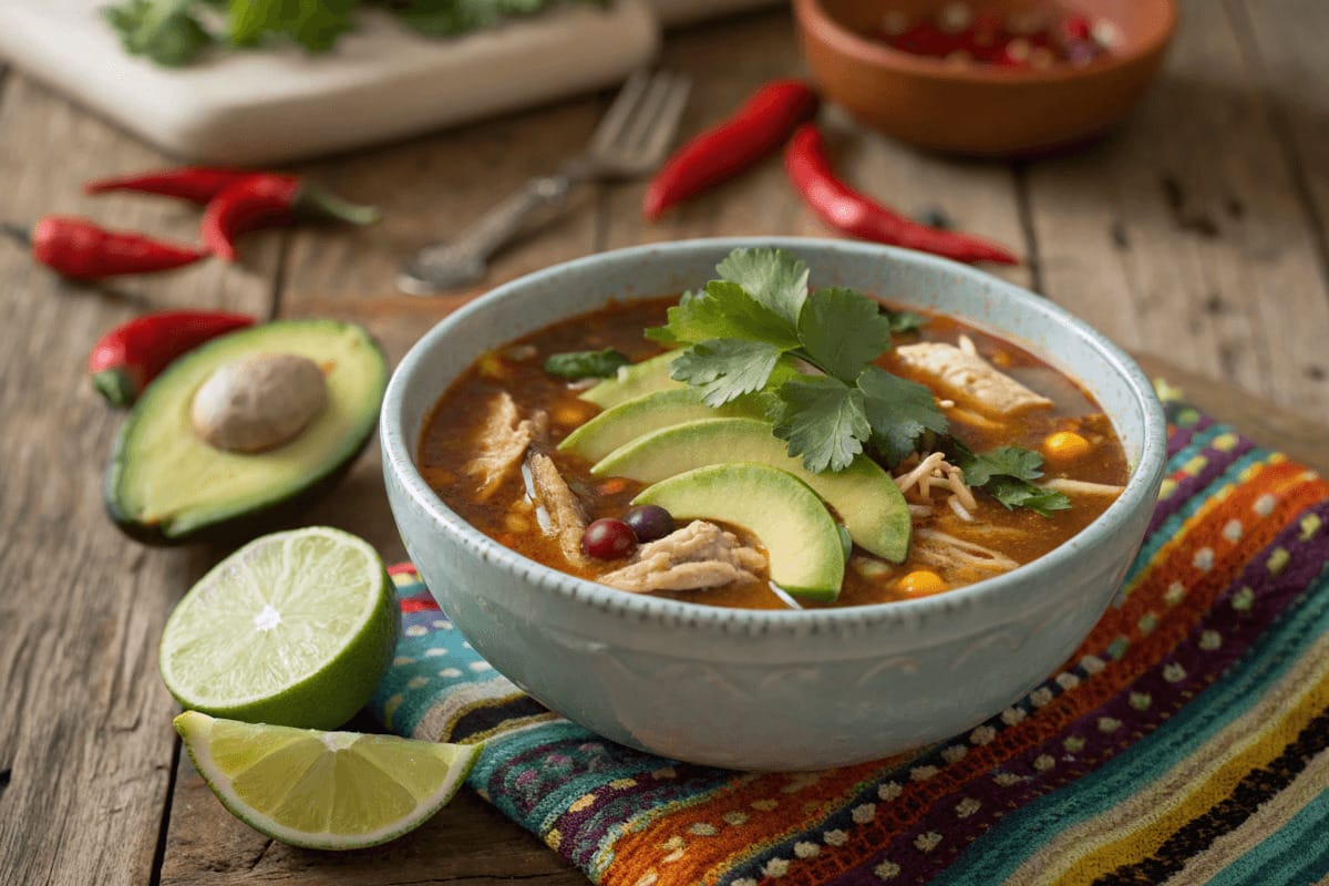 A bowl of Easy Southwest Chicken Soup garnished with cilantro, avocado slices, and a lime wedge, served on a rustic table.