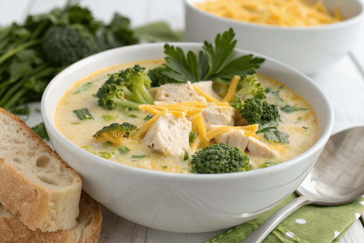 A steaming bowl of homemade chicken broccoli cheese soup garnished with fresh parsley, served with a slice of crusty bread.