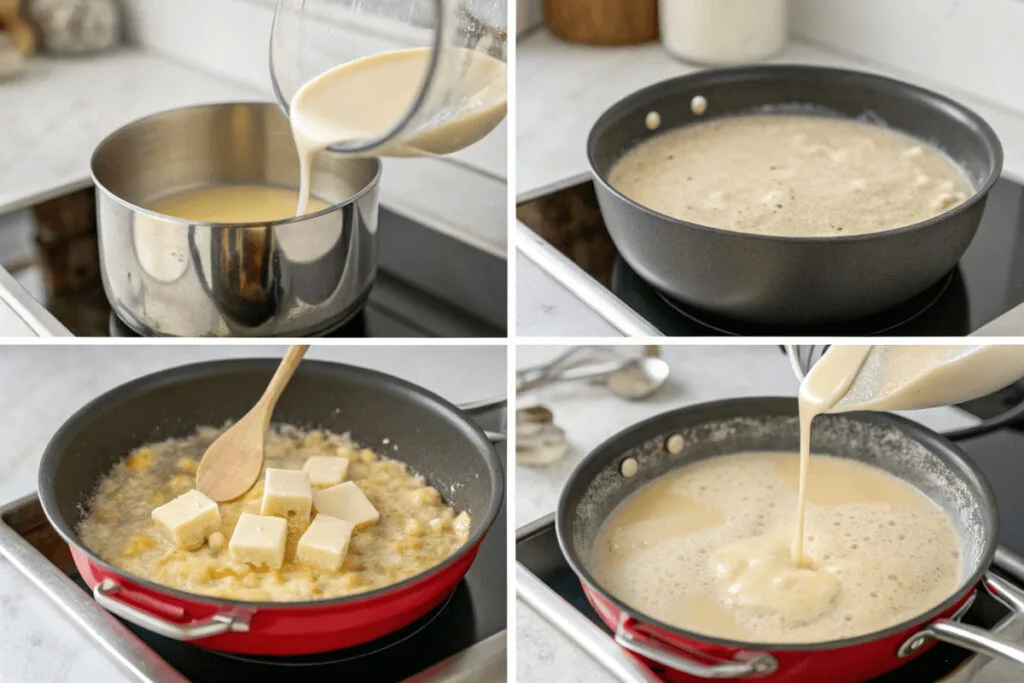 Cream of Chicken Soup Substitute Ingredients A bowl of homemade cream of chicken soup substitute, garnished with fresh herbs, placed on a rustic wooden table with ingredients like chicken broth, milk, and seasonings nearby.