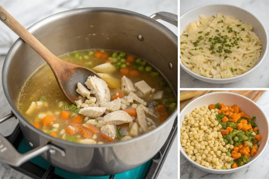 Chicken Pastina Soup Ingredients A steaming bowl of Chicken Pastina Soup garnished with fresh parsley, featuring tender chicken, tiny pastina pasta, and a golden broth.