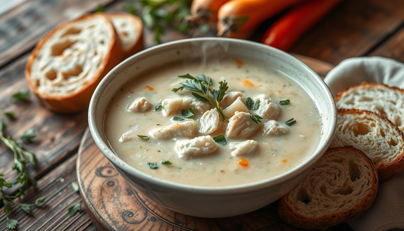 A bowl of delicious chicken leek soup garnished with fresh herbs, served alongside rustic bread on a wooden table.