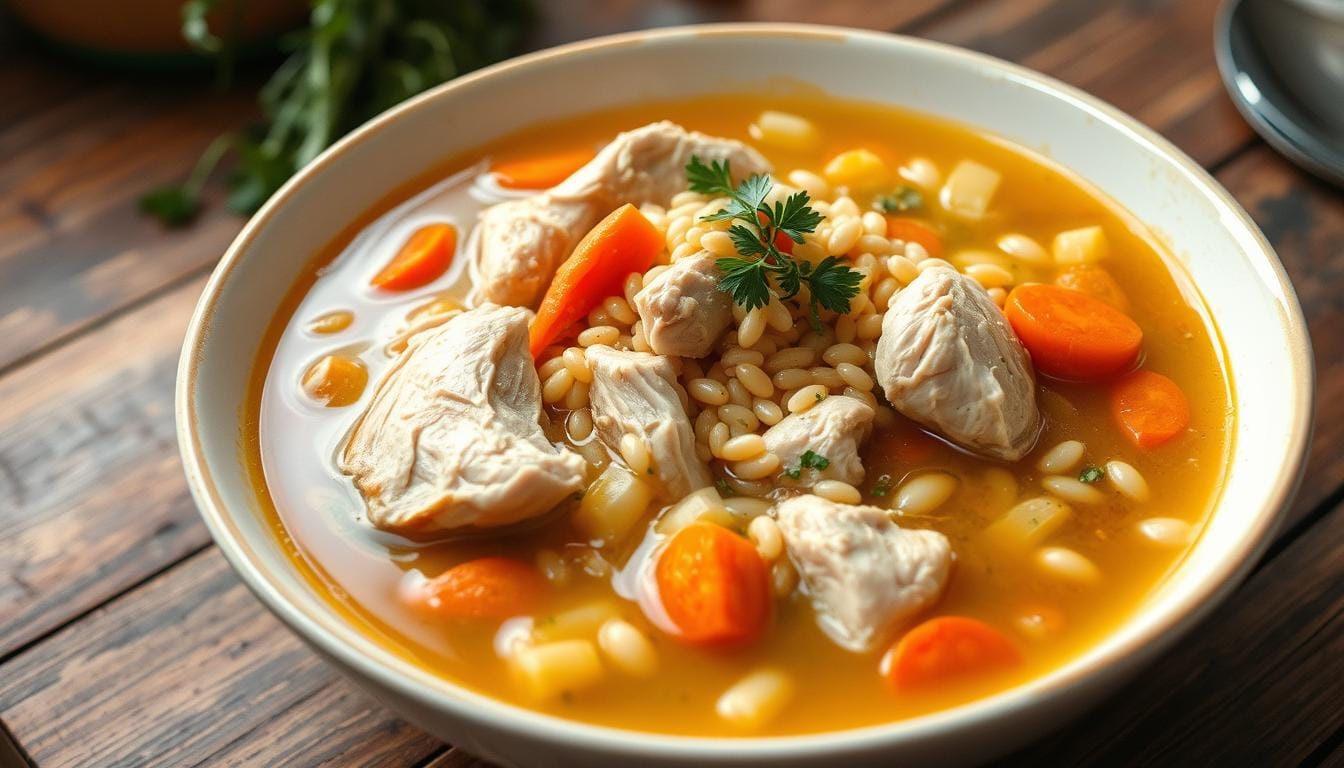 A steaming bowl of chicken orzo soup garnished with fresh parsley and a slice of lemon, served on a rustic wooden table.