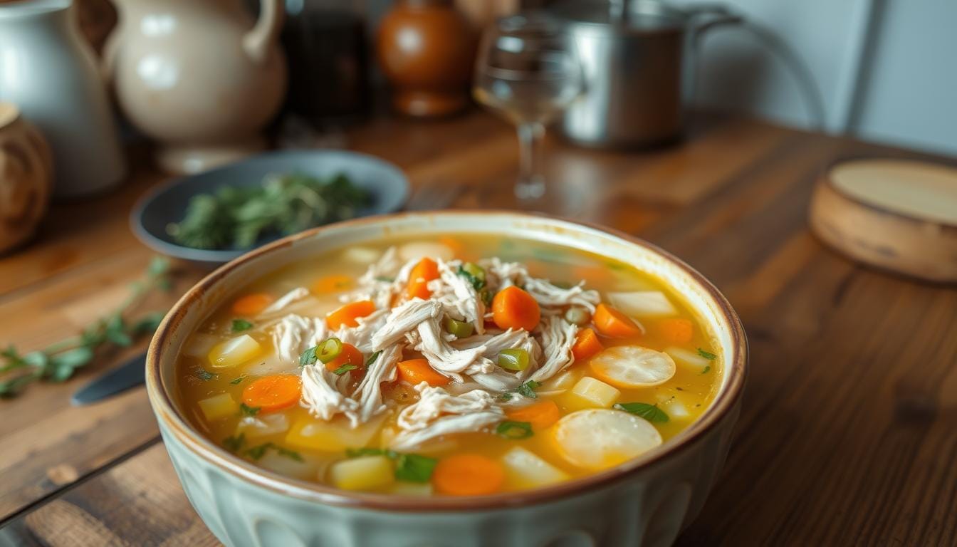 A steaming bowl of chicken soup made from a carcass, filled with tender vegetables and fresh herbs, showcasing a comforting homemade dish.