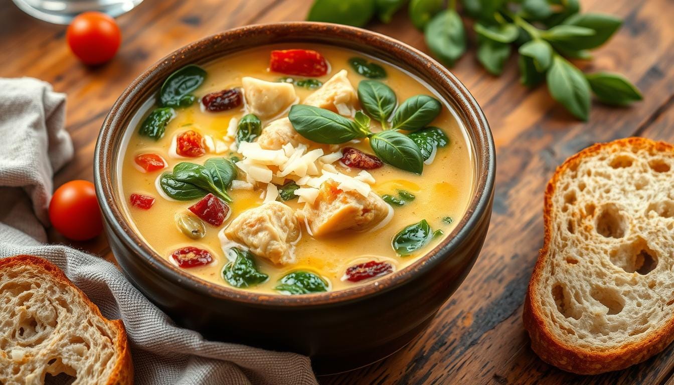 A bowl of creamy Tuscan chicken soup garnished with fresh spinach and sun-dried tomatoes, served with a slice of crusty bread.