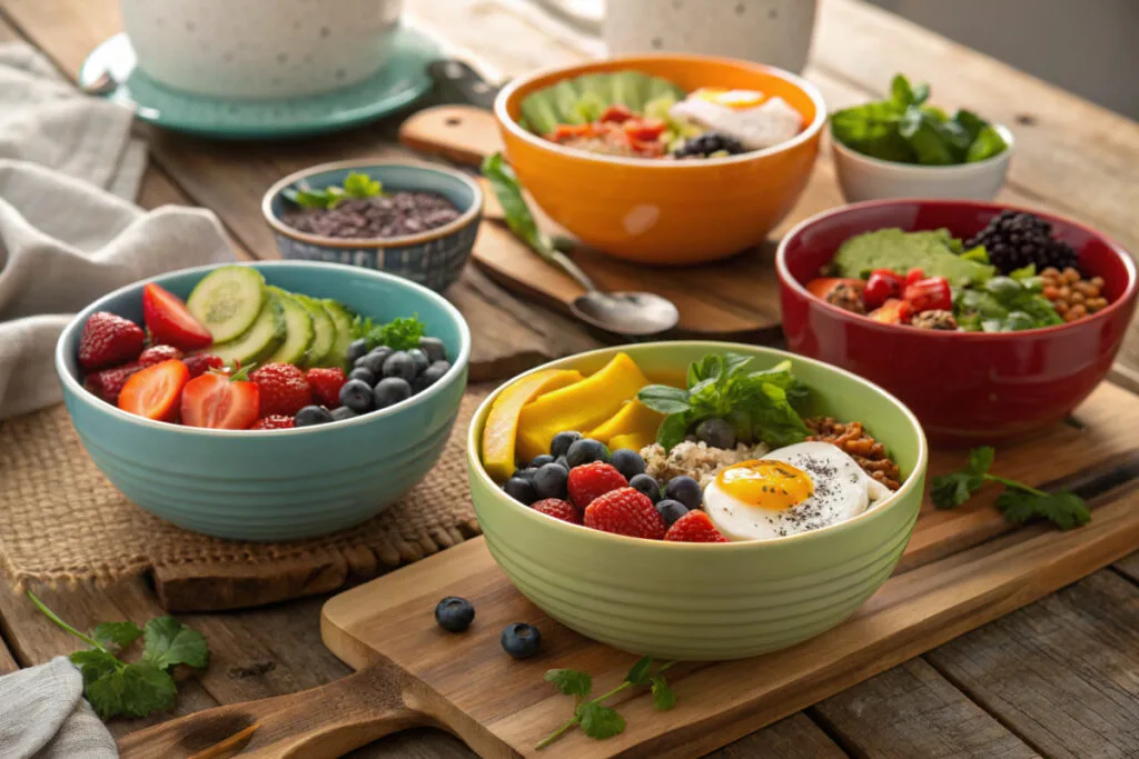 Balanced Brunch Bowl Ingredients Assorted brunch bowls with colorful ingredients including eggs, avocado, grains, and fresh fruits on a wooden table.
