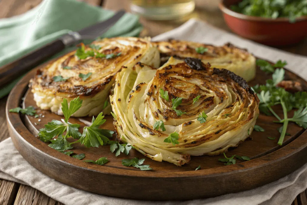 Roasted Cabbage Steaks Golden-brown roasted cabbage steaks garnished with fresh herbs on a rustic wooden platter.