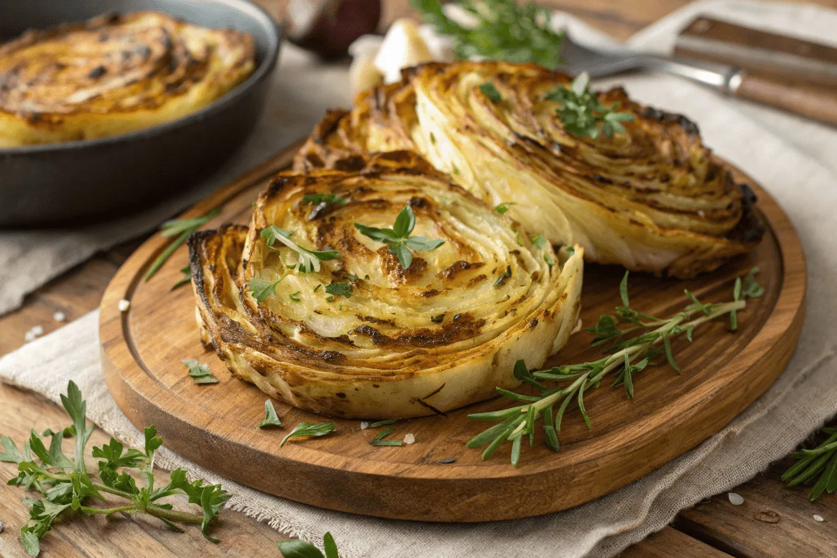 Golden-brown roasted cabbage steaks garnished with fresh herbs on a rustic wooden platter.