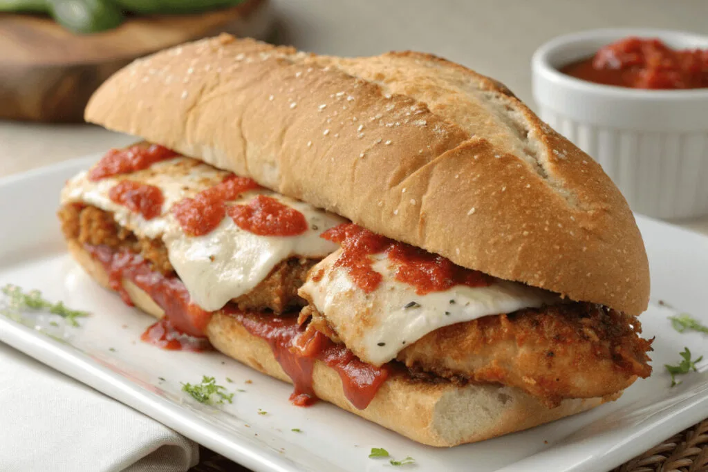 Chicken Parmigiana Sandwich History A delicious Chicken Parmigiana Sandwich with crispy breaded chicken, marinara sauce, and melted mozzarella cheese in a toasted hoagie roll.