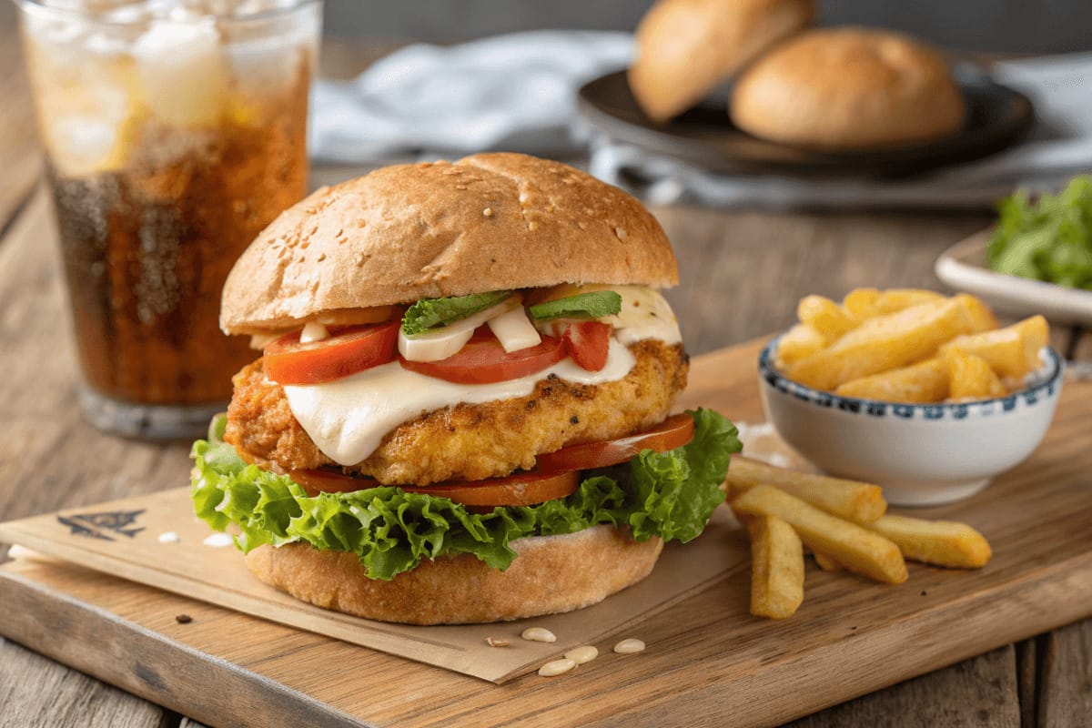 A crispy and golden-brown chicken patty sandwich with fresh lettuce, tomato slices, and melted cheese inside a toasted brioche bun, served with a side of crispy fries.