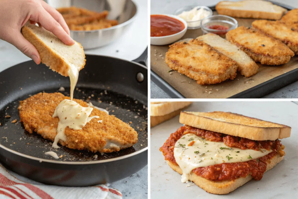 Authentic Chicken Parmigiana Hero Ingredients Fresh ingredients for a Chicken Parmigiana Sandwich, including breaded chicken cutlets, marinara sauce, mozzarella cheese, and hoagie rolls.