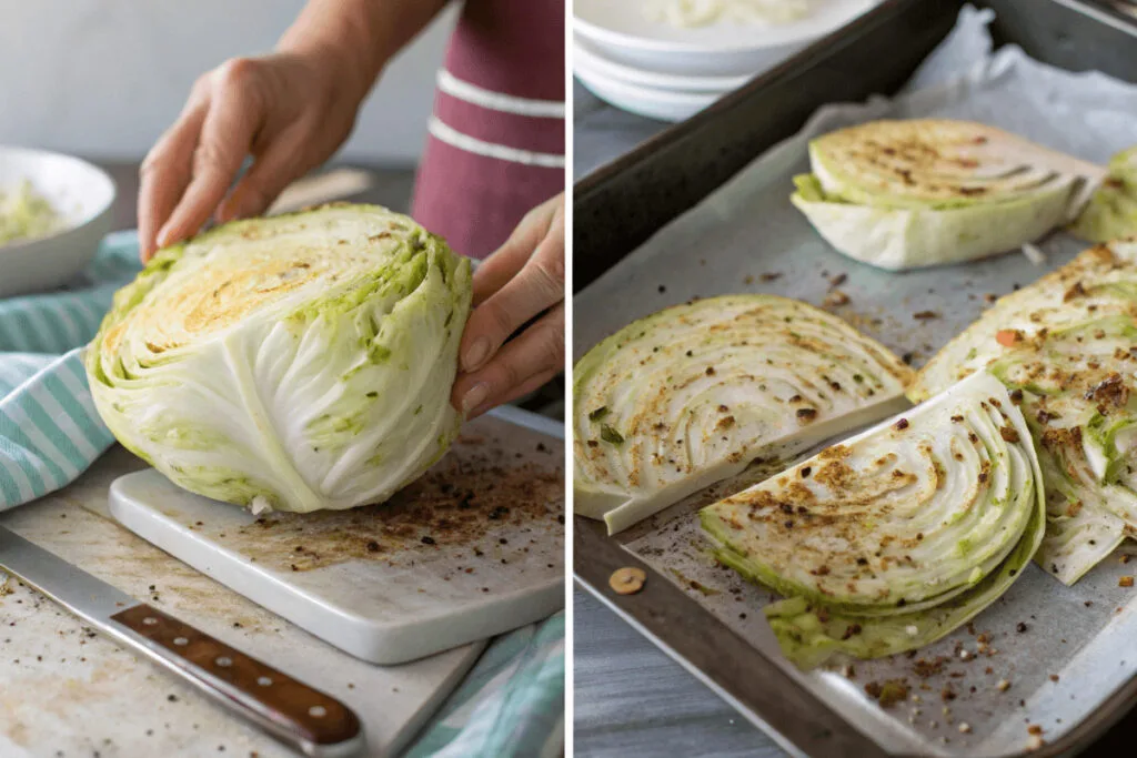 Ingredients for Cabbage Steak Recipe Fresh cabbage, olive oil, garlic, salt, pepper, and spices arranged on a wooden kitchen counter for roasted cabbage steaks.