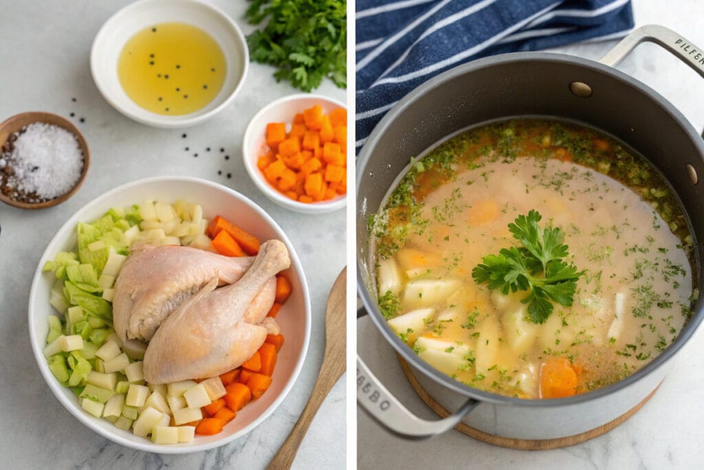 Organic Chicken Soup Ingredients Fresh ingredients for a wholesome whole foods chicken soup, including organic chicken, vibrant vegetables, herbs, and spices, arranged on a wooden countertop.