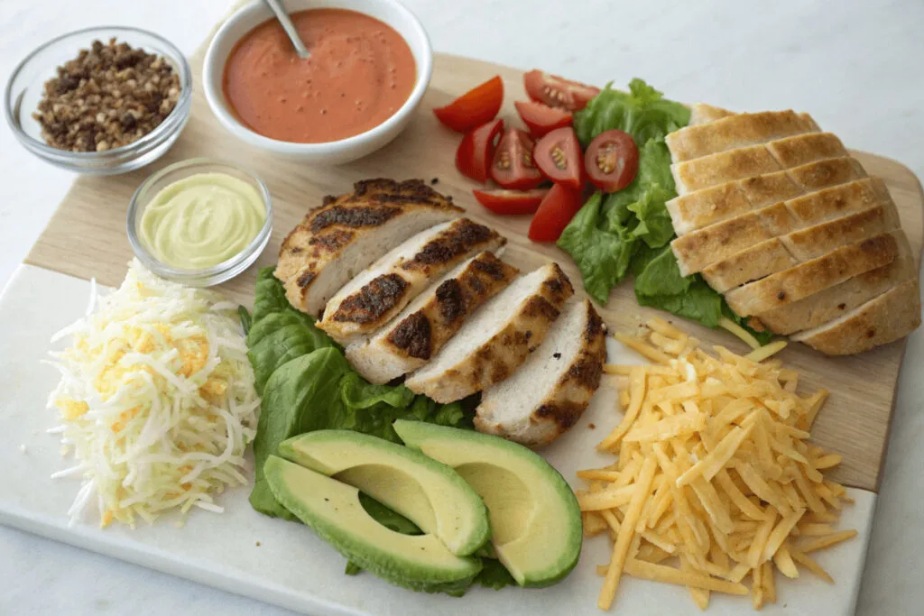 Gourmet Chicken Sandwich Ingredients Fresh ingredients for a Chipotle Chicken Sandwich, including chicken breasts, chipotle peppers, spices, fresh vegetables, and toasted buns.