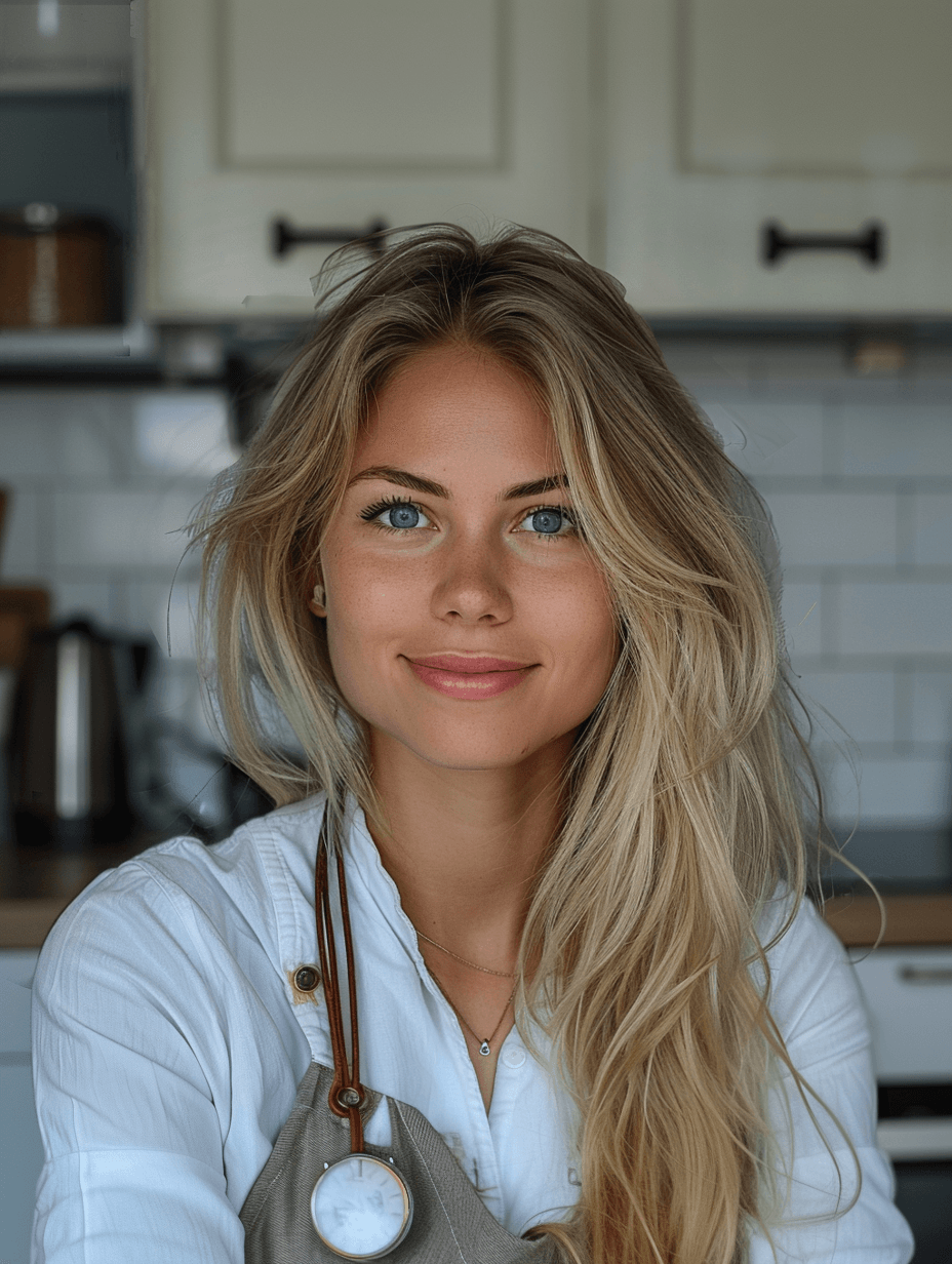 Chef Emily welcoming visitors to Roem Recipes, standing in a bright kitchen with a warm smile and arms open.